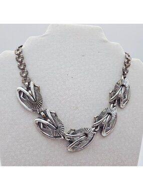 Selini Art Deco Silver-Tone Link Chocker Necklace Abstract Geometric Design 16"